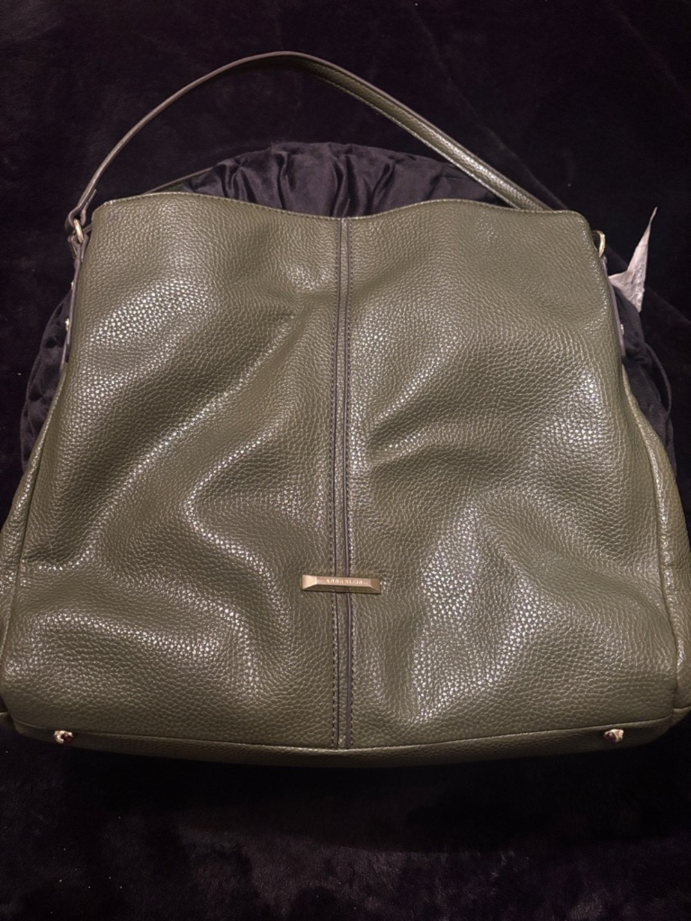 Anne Klein Olive Green Pebbled Leather Shoulder Bag with Gold Accent Bar